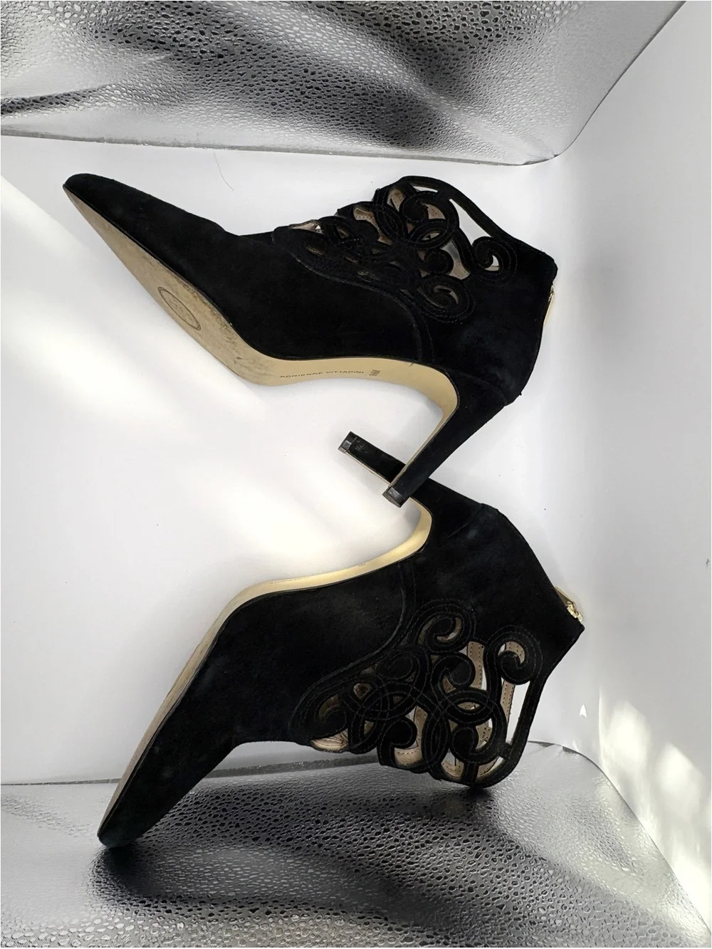 Adrienne Vittadini Black Suede Lasercut Heels